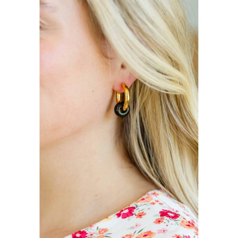 NEW 123 AMORE women's dark drops beaded huggie earrings in gold/black